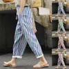 Kvinnor Pants Summer Ethnic Style Straight Striped Print Rolled Up Ankle Length Beach Casual Contrast Color High midjebyxor