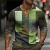 T-shirty męskie jesienne blokowe naklejki 3D nadruk Henry Shirt męska moda retro guzika T-shirt Męskie koszulka YQ240415