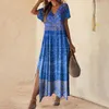 Повседневные платья платья Женщины макси -богемный стиль отпуск с 3D -печатным сплит