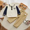 Kleidungssets 2024 Frühlingsbabys College -Stil 2pcs Kleidung Set Baumwolle Spleiß Langarm Polo -Hemden Solid Hosenanzug Kinder Mädchen Outfit