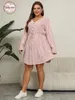 Plus Size Womens V Neck Button Front Waffle Knit Casual Dress Spring Long Sleeve Drawstring Midjan Stor storlek Korta klänningar 240407