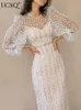 UCXQ Temperument White Dress O-вырезок сетка с длинным рукавом Slim Fit Свадебная одежда Летняя халат Элегантные платья для вечеринок 23A677 240410