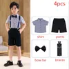 Clothing Sets Boy Striped Blouse Formal Suit For Summer 2024 Academic Style Short Sleeve Top & Straps Teenager Performance Costume 90-170