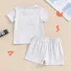 Kledingsets Independence Day Baby Boys Set Letter Borduurwerk korte mouw tops met massieve kleuren shorts zomer outfits