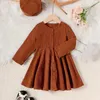 Mädchenkleider Kleinkind Kinder Mädchen Kind modische Soildkragen Langarm Kleid Hut Set Baby 18 Monate Junior