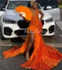 Sparkly Sequin Orange Prom Promes с разрезом 2024 плюс размер Aso Ebi Mrermaid Evening Dress Элегантное чернокожие женщины Формальное платье с бриллиантовые хрустальные церемония вечеринка