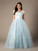 Proste niebieskie koronkowe sukienki z koronki na balu tiulowe długie skromne z rękawami z czapkami Skupa długość podłogi vesta de festa sukienka balowa suknie imprezowe 1544263