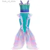 Girl's Dresses Girls Dress 2024 NYTT Summer Mesh Mermaid Costume Girl Suspender Fish Tail Swimming Two-Piece Set Carnival Costume T240415