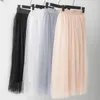 Vintage tyllkjol kvinnor elastisk hög midja 3 lager aline pleated mesh long brud tutu kjolar kvinnliga jupe longue 240411