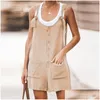 Womens Jumpsuits Rompers Women Cotton Linen Short Romper Summer Strappy Straight Playsuits 2021 Casual Buttons Loose Ladies Big Pocket Dhogw