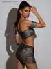 Sexy Jirt Women Party 2 pièces Set Shiny Rhinestone Mesh Crop Top avec See Through Mini Jirt Hollow Out Fishnet Nightclub Festival Turnits L49