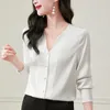 Kvinnors blusar 19 Momme Real Silk Shirt V-Neck Elegant Shirts Fashion for Women Long Sleeve Office Lady Lady Blue Woman Tops