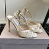 Top quality summer Fish mouth stiletto sandals crystal ball decoration Ankle Strap Dress shoes Luxury designer pearl ball decoration womens heels sandals With box