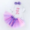 Summer Children's Wear Girl's First Year Dress Baby Cartoon Short Romper Mesh Handmade Skirt Set