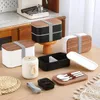 Dinnerware Wood Grain Double Layer Plastic Lunch Box Microwave Oven Adult Bento Storage Containers