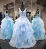 Sweet 16 Year Lace Quinceanera Dresses Blue Tulle vestido debutante 15 anos Ball Gowns V Neck Sheer Prom Dresses For Party Ruffles3118186