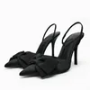 Damen schwarze Bogenstärke sexy spitze Zehen Stiletto Schuhe 2024 Frühling weiblich elegant flachem Mund Heeled Slingback Pumps 240402