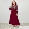 Robes de taille plus maketina robe rouge femme automne hiver femelle V cou à manches longues broderie floral fête