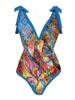 Женские купальные костюмы ретро Blue Deep V Print One Piece Swimsuit 2024 Высококачественная пляжная одежда без спинки.