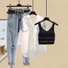 Summer Elegant Womens Pants Set Casual Shirt Jeans Trousers Vest Three Piece Female Tracksuit Blouse Blazer Suits 240415