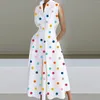 Casual Dresses Fashion Women Chic Polka Dot Shirts Dress Summer Sleeveless High Collar Lapel Cardigan Long Split Belted Buttons Vestidos