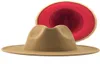 Trend Tan with Red Patchwork Plain Wool Felt Jazz Fedora Hats Men Women Wide Brim Panama Trilby Cowboy Cap for Party Q08058031558