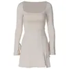 Women Solid Slim Fit Square Neck Drawstring Long Sleeve Dresses White Black Butterfly Split Asymmetrical Mini Dress 819 240415