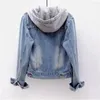 Vestes pour femmes courte jean veste collar fille petit ami denim poitrine poitrine slant chic style jeans à capuche amovible manteaux