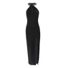 Casual Dresses Women Rhinestone Halter Party Dress Formal Smocked Bodycon Sleeveless Hollow Out Black High Split Long Vestidos