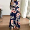 Vestido de outono de moda elegante e elegante vestido feminino de manga longa redonda de pescoço para cima Flor Flor Vintage vestidos para mujer 240412