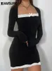 Casual Dresses iamsure Sweet Basic Lace Trim Bod Bodycon Dress Sexig Slim Square Collar Long Sleeve Mini för kvinnor 2024 Autumn Spring