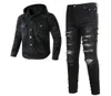 2023 Tracksuits Punk Street Men039s Black 2st Jeans Set Spring Hooded Denim Jacket och Ripped Patch Stretch Pants Vintage Men4904176