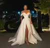 Modern Thigh High Slits Country Wedding Dresses Off the Shoulder Pleat Satin Skirt Sweep Train Bridal Gowns9067510