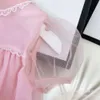 Girl's Casual Spring Summer Girls' Doll Neck Flower Embroidery Pink Mesh Dress Cute Pengpeng Temperament Princess