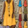 Womens Summer Tank Dress Solid Oversized Female Cotton Linen V Neck Sleeveless Beachwear Casual Vestidos S5XL 240415