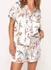 2 -teiliges Pyjama Sets Damen Y2K Bow Print Loungewear Revers Button Down Kurzarmhemden und kurze Hosen Sets Sommer Nachtwäsche 240407