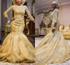 Gorgeous Gold Mermaid Wedding Dresses Bridal Gown Lace Applique Beaded Crystals Custom Made Sweep Train Jewel 3/4 Long Sleeves Plus Size