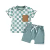 Kleidungssets Kleinkind Baby Jungen Kleidung Kurzarm karierte Baumdruck T-Shirt-Tops mit elastischer Taille Feste Farbshorts Freizeit Sommer