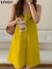 Casual Dresses VONDA 2024 Summer Sleeveless Dress Women Vintage Button Down Holiday Midi Solid Color Tank Sundress Vestidos Robe