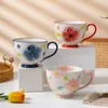 Tasses à grande valeur de fleurs peintes en céramique vitrée en céramique tasse de café grand petit-petit-petit-déjeuner à thé de thé de lait de lait avec manche cadeau usage