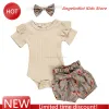 Shorts pasgeboren babymeisje kleren set zomer stevige kleur korte mouw romper bloemen shorts hoofdband 3 stcs outfit nieuw geboren baby kleding