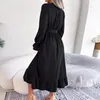 Casual Dresses 2024 Women Spring Summer V Neck Lace Up High Waist Ruffle Edge Long Dress For Ladies Solid A Line Sleeve Smocked