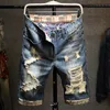 Summer Mens Risk Jeans Streetwear Big Hole Fashion Vintage Blue Slim Denim Shorts Ropa 240412