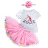 Girl Summer Baby Print Unicorn Short Sleeve Sweetheart Pink Rainbow Mesh Half Skirt Set