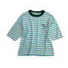 På skåpet Xiaohe Baby Blue Fresh Chao Fine Miljö Organisk bomull Palm Tree Stripe T -shirt Kvinnor S Short Sleeved Top