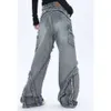 Jiyiku Trendy Brandneue Retro Street Trendy Deconstruted Split Lose Mund Hochdienstes Wasch- und Bodenwischungs -Arbeitskleidung Denim Hosen