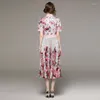 Party Dresses 2024 Summer Runway Gorgeous Flower Dress Women's Bow Collar Short Sleeve Floral Print Pink Midi Pleated Vestidos M3965