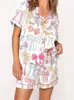2 -teiliges Pyjama Sets Damen Y2K Bow Print Loungewear Revers Button Down Kurzarmhemden und kurze Hosen Sets Sommer Nachtwäsche 240407