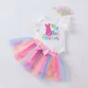 2024 Spring/Summer New Baby Clothing Easter Cartoon broderi Rabbit Egg Flying Sleeve Sweetheart Rainbow kjol