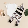 Giyim Setleri Yaz Bebek Bebek Erkek Erkek Kıyafet İnek Mektupları Pantolonlu Kısa Kollu Romper Baskı Şapka Giysileri Seti